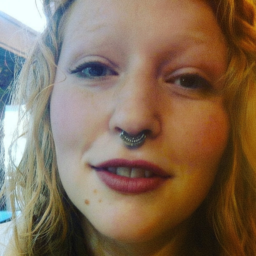 Close-up of a person with long hair and a nose ring, wearing a green scarf.