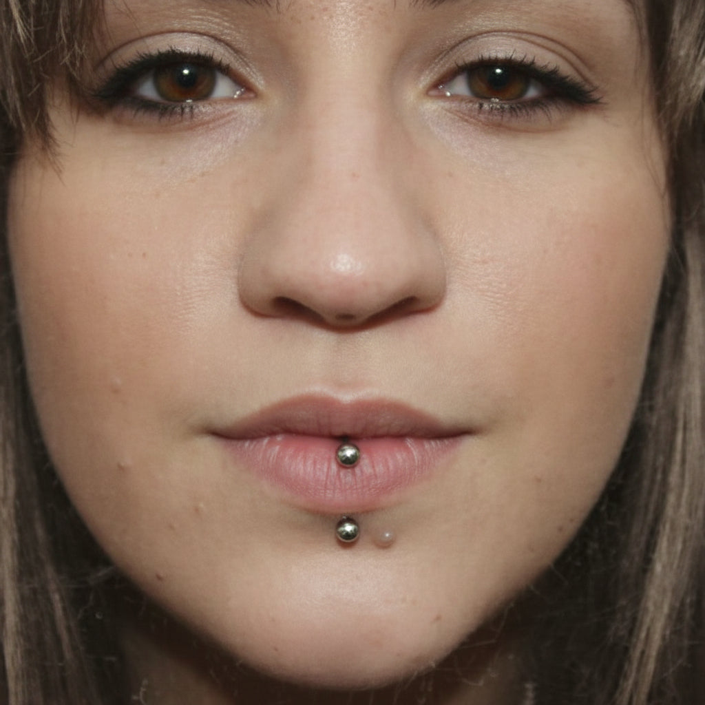 Close-up of a person's face with a lip ring.
