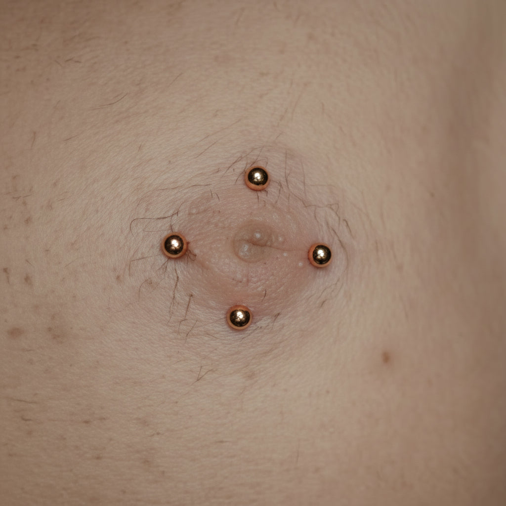 Close-up of a person's chest with multiple small piercings.