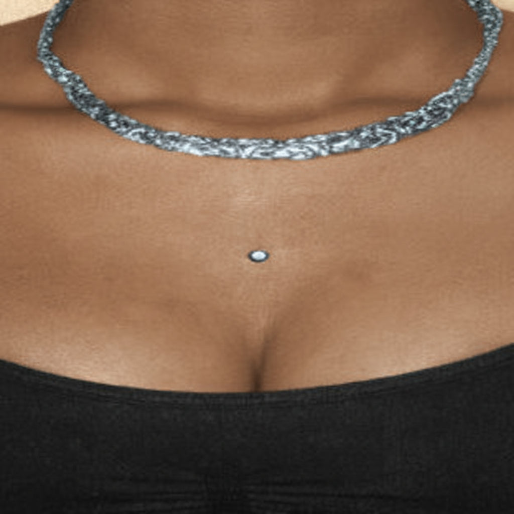 close-up of a person wearing a necklace with a central pendant.