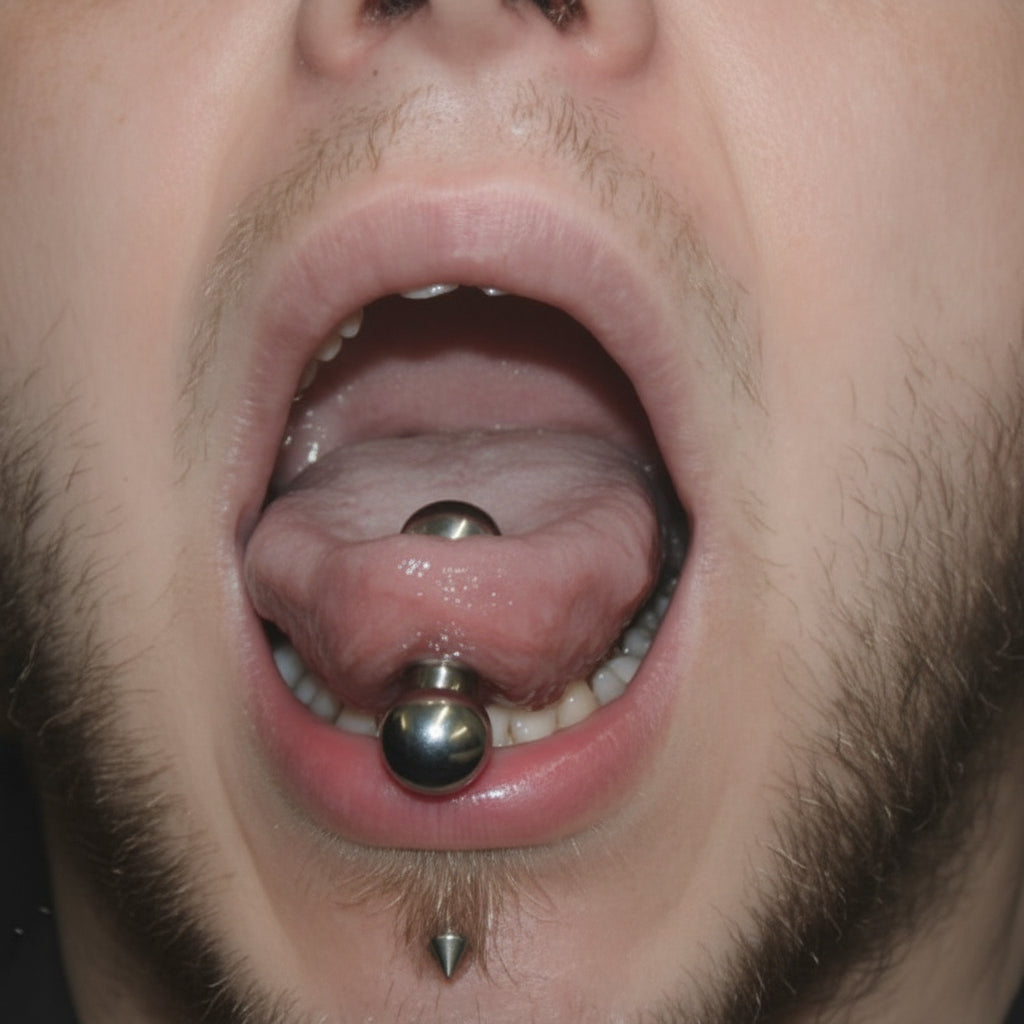 Close-up of a person with tongue and lip piercings on a dark background