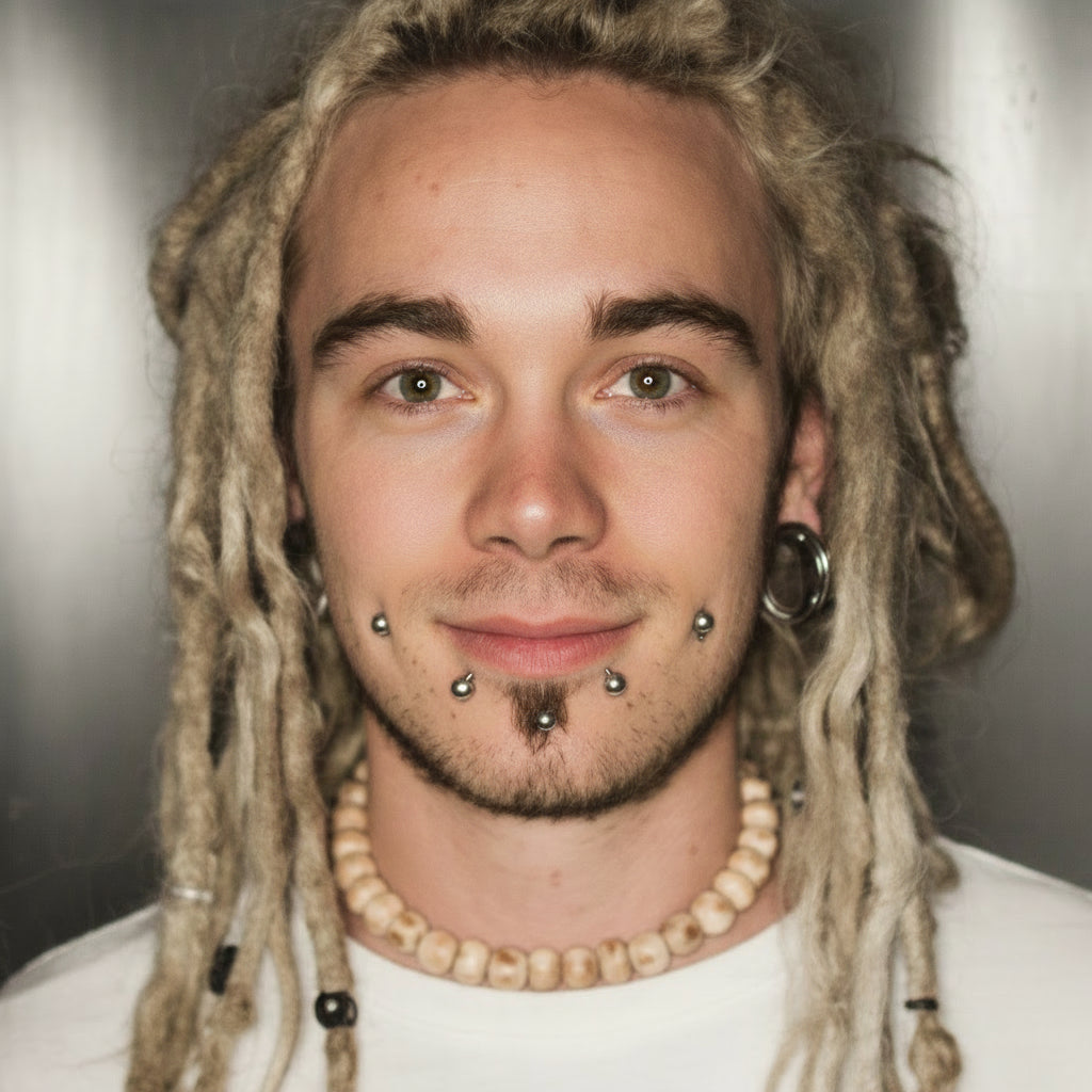 Person with dreadlocks and piercings wearing a white shirt against a dark background