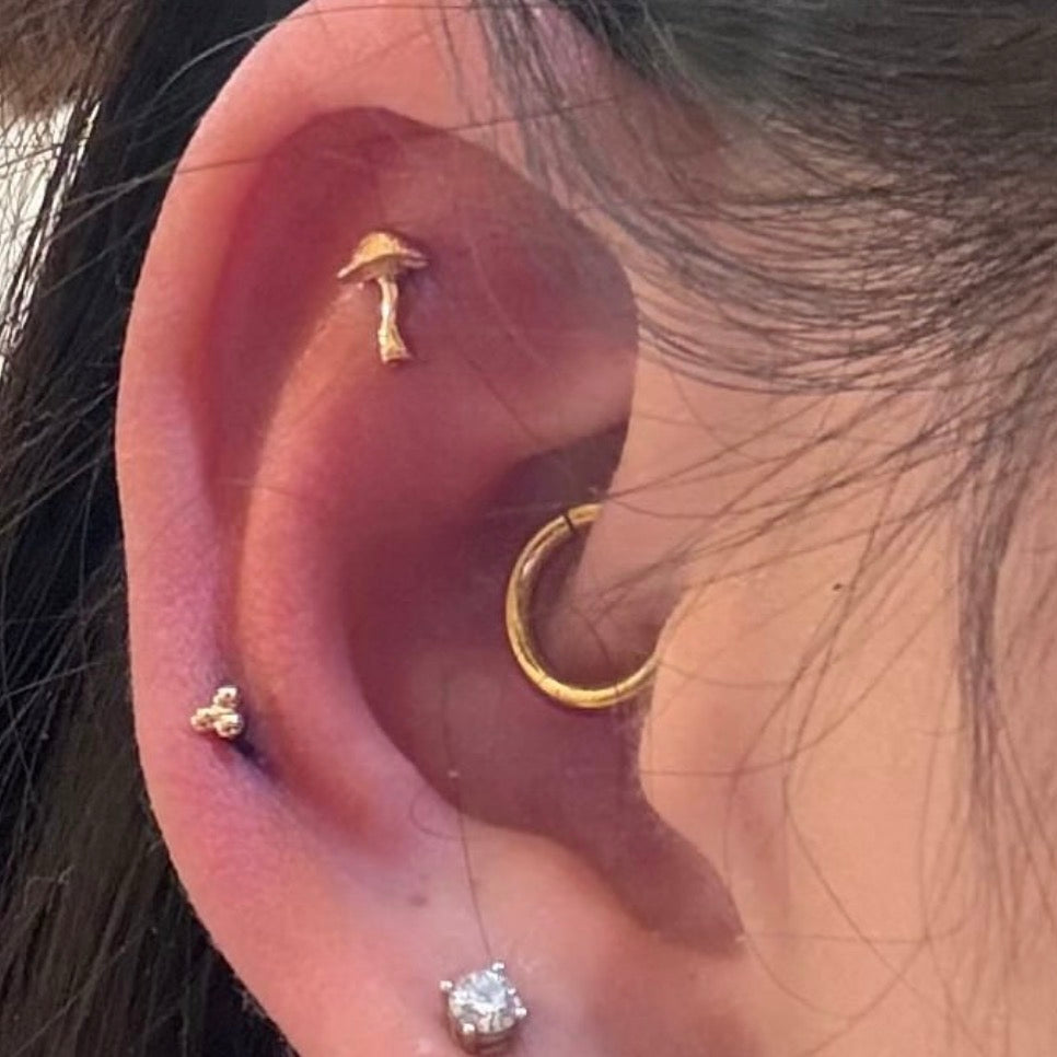 Close-up of an ear with gold and diamond earrings.