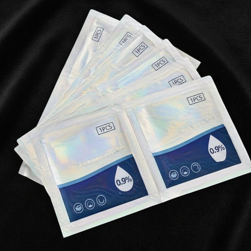 Multiple packets of 0.9% saline solution on a white background