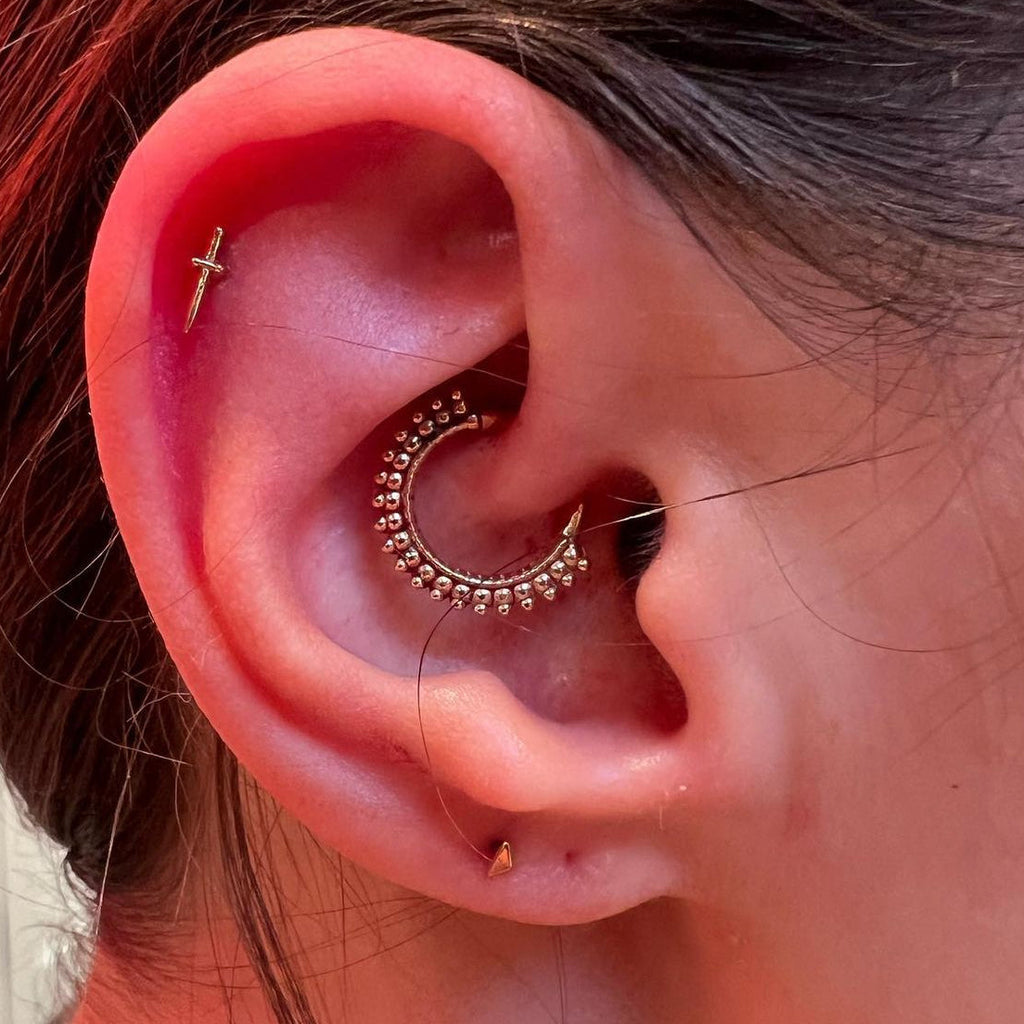 Close-up of an ear with multiple earrings and a blurred background