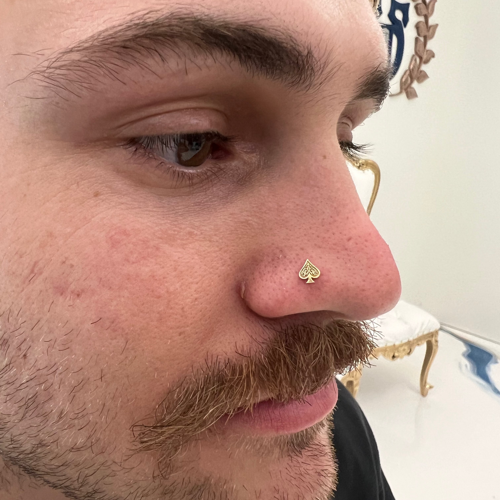 Close-up of a person with a nose ring and mustache, wearing a cap.