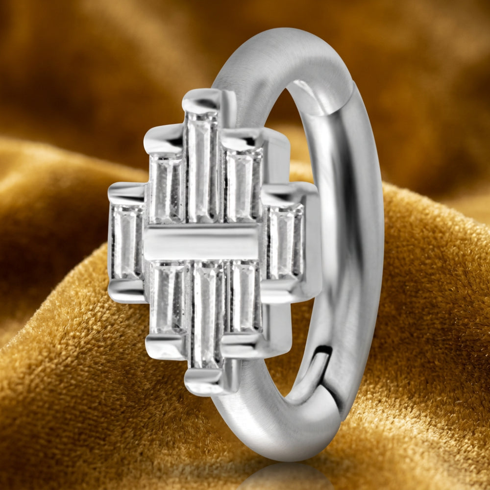 Titanium Oval Clicker with Stacked Emerald Cut CZ Gems