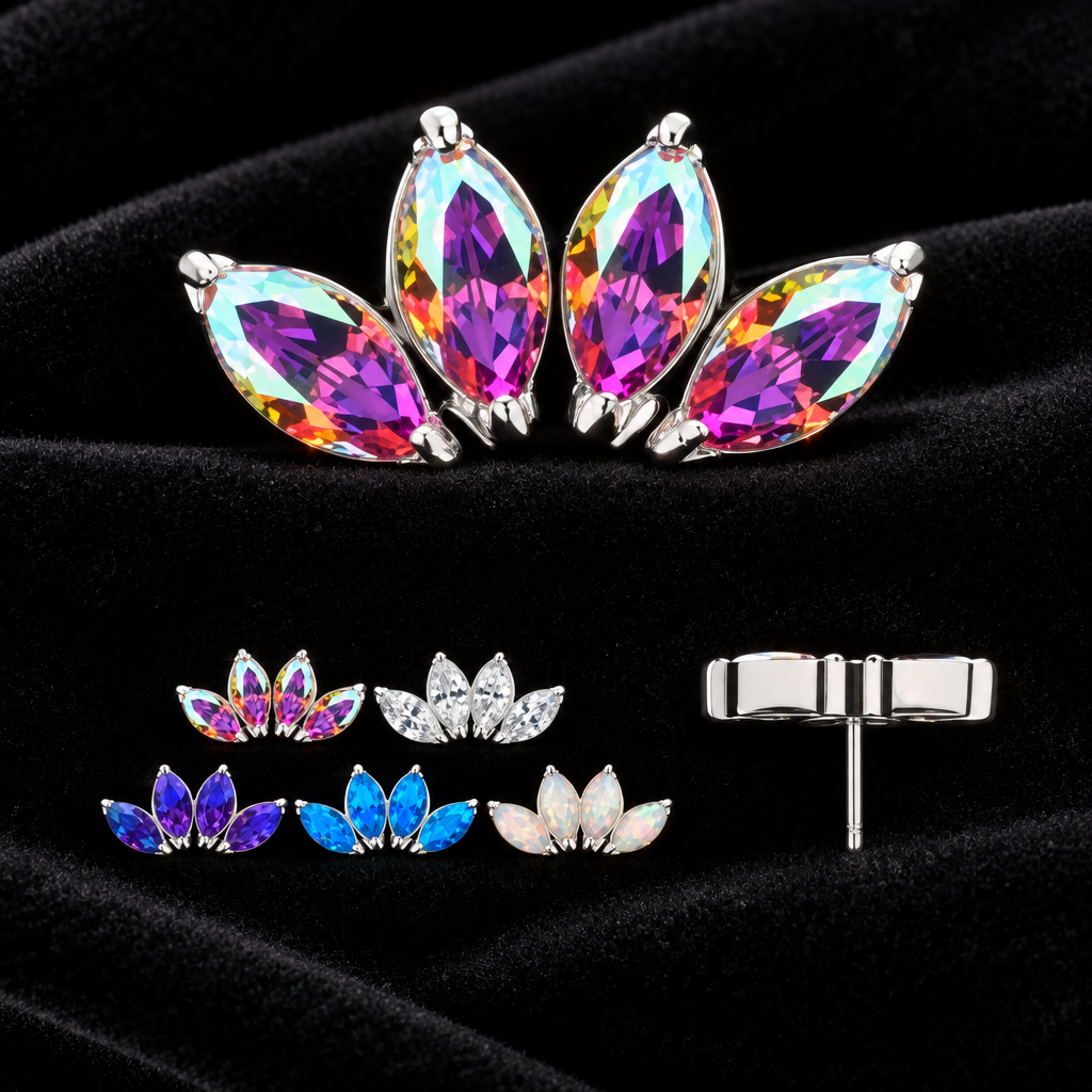 A set of butterfly-shaped stud earrings with marquise-cut iridescent crystals in silver settings, shown on a plain white background. The main pair is displayed at the top, with smaller color variants and a silver post/back visible below.