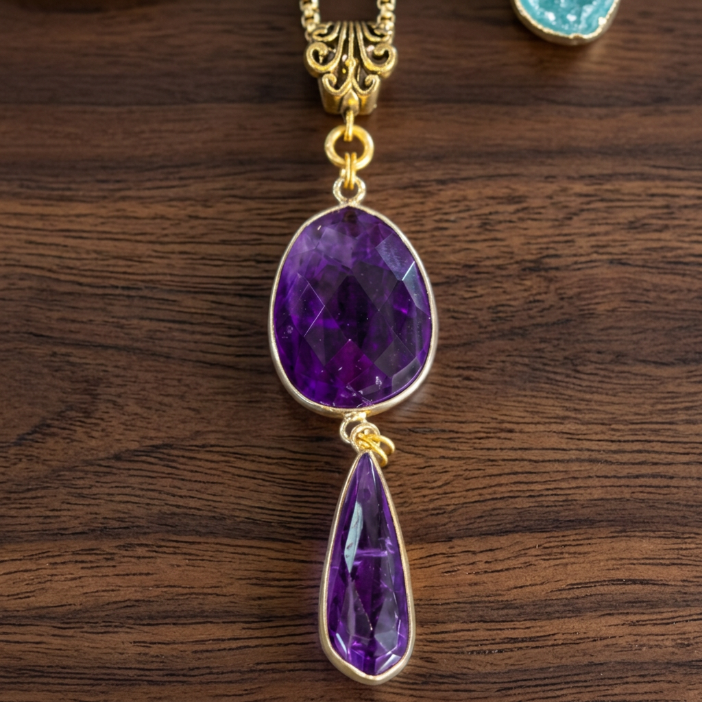 Faceted Amethyst Double Drop Pendant Necklace