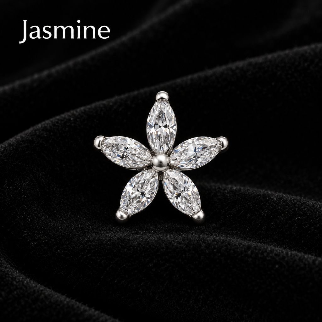 A five-petal flower-shaped stud earring with marquise-cut clear stones in a silver-toned setting, shown on a plain light background with the brand name Jasmine in the top left.