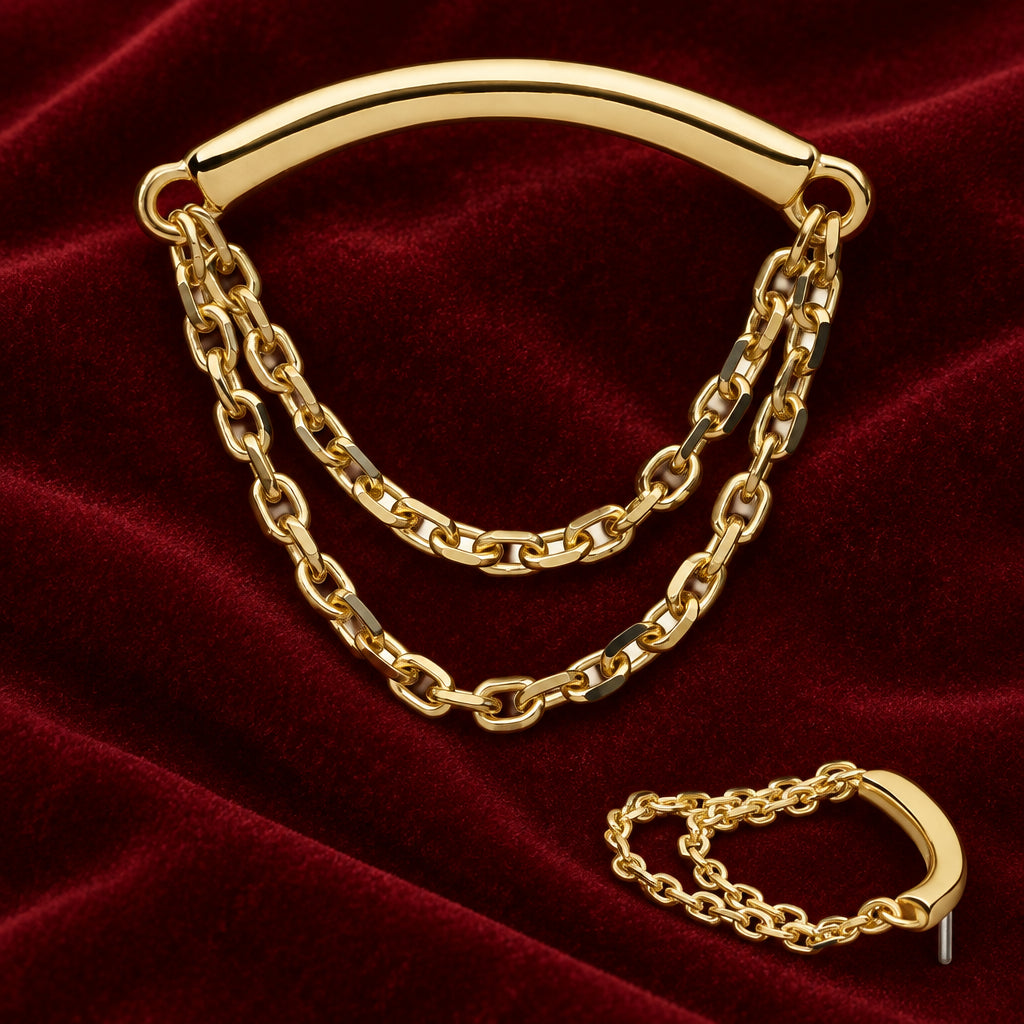 14kt Yellow Gold Curved Bar w. 2 Chains- Invictus
