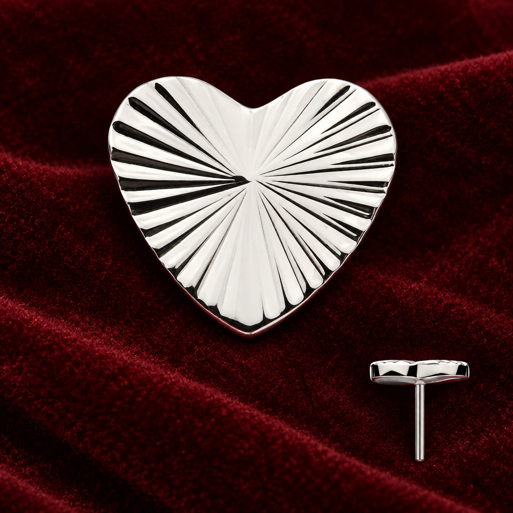 A heart-shaped silver-toned earring with a black and white striped fan design, shown alongside a smaller inset view of the earring on a plain white background.