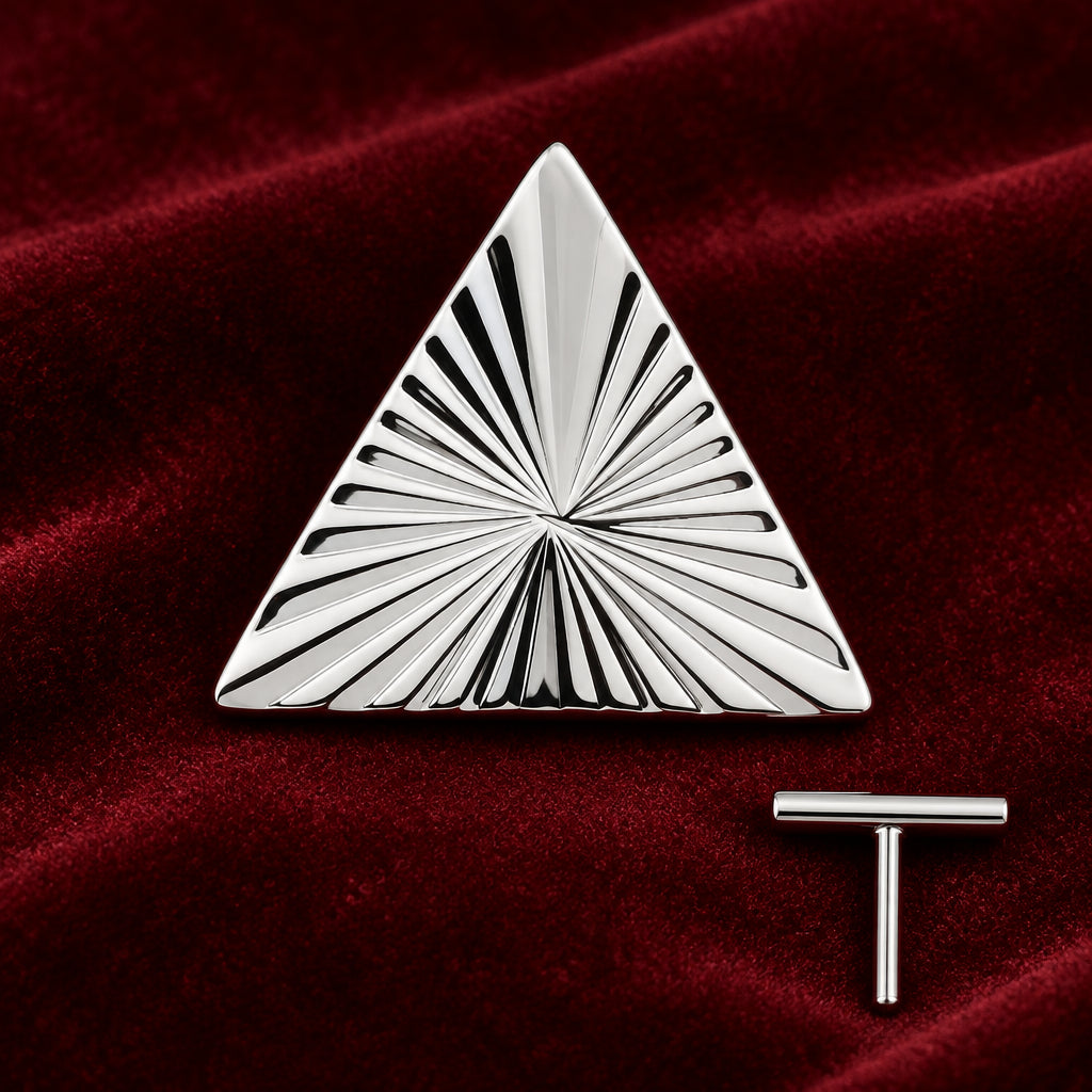 A white triangular JEWELRY PIECE with a black radial fan pattern, shown alongside a silver-toned T-bar pin on a plain white background.